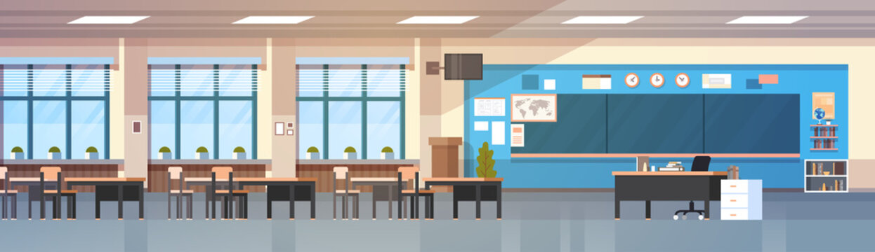 Classroom Interior Empty School Class With Board And Desks Horizontal Banner Flat Vector Illustration