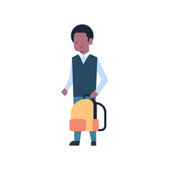 African American School Boy Holding Backpack Schoolboy Pupil Kid Isolated On White Background Flat Vector Illustration