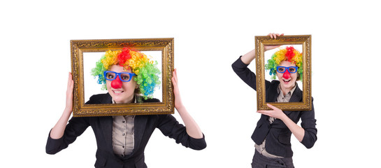Funny clown girl with frame isolated on white