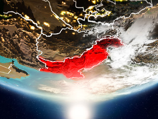 Pakistan with sun on planet Earth