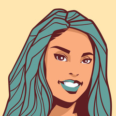 Closeup Portrait Of Beautiful Woman With Blue Hair And Lips Vector Illustration