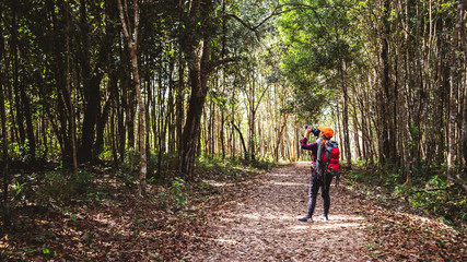 Obraz premium Photographer asian women Traveling photograph Nature. travel relax in the holiday walk in the forest. travel relax in the holiday. Thailand