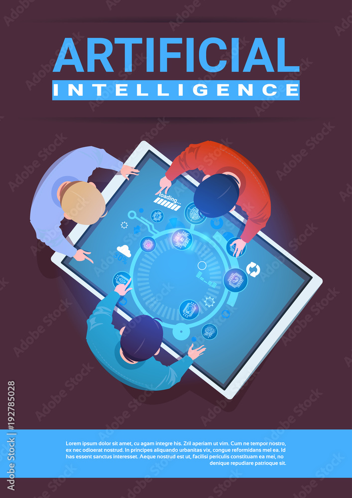 Poster creative team of programmers working sit at desk digital tablet top angle view artificial intelligen