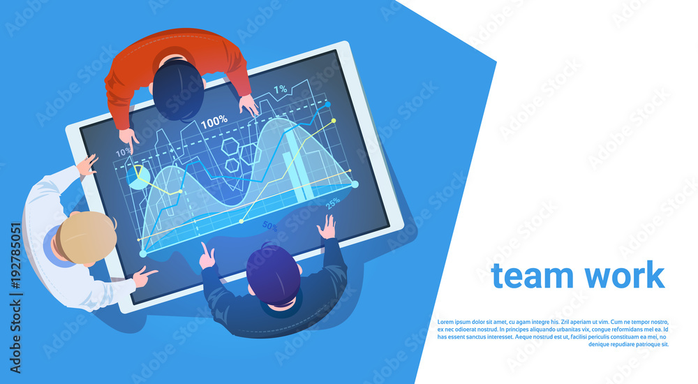 Poster group of people at digital tablet with finance graph team working with data teamwork concept vector 