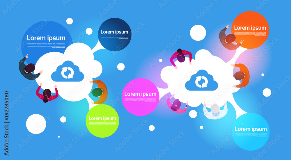 Aufkleber cloud computing infographic banner top view of group of people using different gadgets flat vector i