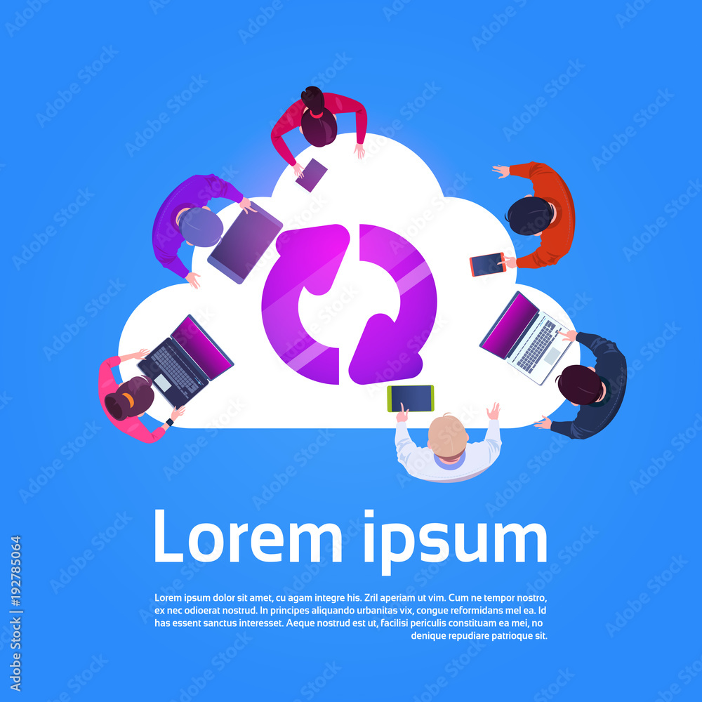 Poster cloud computing concept top view of group of people using different gadgets flat vector illustration
