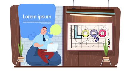 Man Office Worker Or Designer Using Laptop Computer Work In Modern Creative Space Flat Vector Illustration