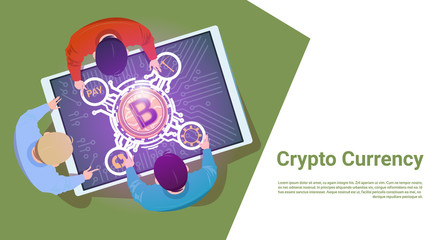 Business People Sit At Digital Tablet With Bitcoin Sign Top Angle View Crypto Currency Concept Flat Vector Illustration