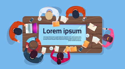 Creative Business People Team Working At Computers Sit At Desk In Modern Office Top Angle View Group Of Businesspeople Brainstorming Flat Vector Illustration