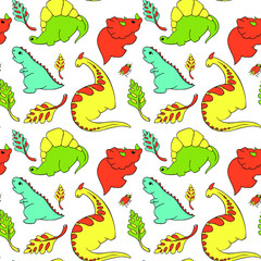 pattern four small dinosaurs stegosaurus, tyrannosaurus, triciraptops, godrosaurus cartoon character. Lovely funny. Palm leaves, beetle Hand drawing vector illustration. Isolated on white background