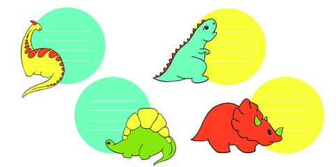 four label labels with small dinosaurs stegosaurus, tyrannosaurus, triceratops, godorascar cartoon character. Lovely funny. Hand drawn vector illustration. Isolated on white background