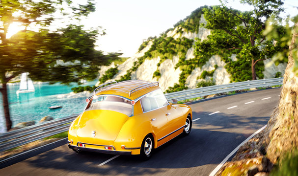 Cute little retro car goes by the road along beautiful harbor between mountain in summer day.