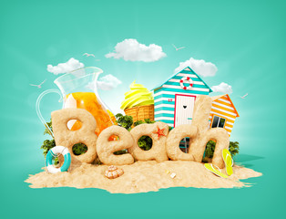 The word Beach made of sand on tropical island. Unusual 3d illustration of summer vacation. Travel and vacation concept.