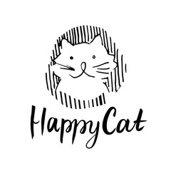 A minimalistic image of a cat on a stroking background. Calligraphy Happy cat. Hand-Drawn Vector Illustration on a white background. Can be a logo.