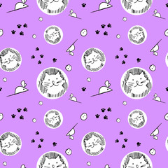 Seamless pattern with cats, mouses paws and buttons. Vector illustration on a lilac background