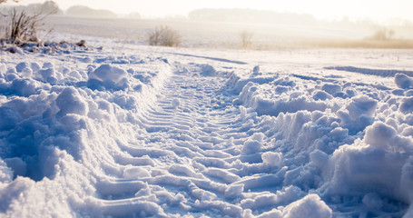 Tire tracks lead in a landscape through high snow
