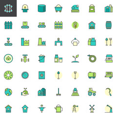 Industry and farming filled outline icons set, line vector symbol collection, linear colorful pictogram pack. Signs, logo illustration, Set includes icons as windmill, tractor, hive, barn, factory