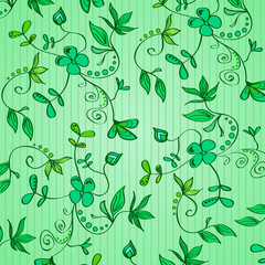 Floral ornament - green plants, flowers, leaves, loaches on a green background in stripes. Vector Pattern. A beautiful summer fresh option for fabrics, textiles or decor.