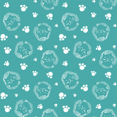 Seamless pattern with cats, cat's paws. Vector illustration on a blue background. Suitable for textiles.