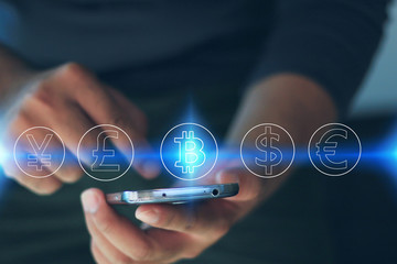 bitcoin on smartphone screen for online payment . digital currency, e-Money, Financial Internet Technology Concept.