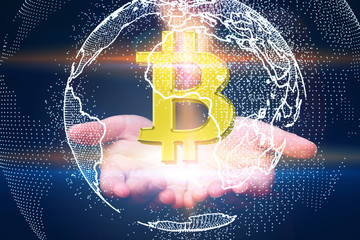 hand holding bitcoin symbol. Digital currency, Financial Internet Technology Concept.