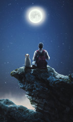 Fototapeta na wymiar Man and his cat admires the moon
