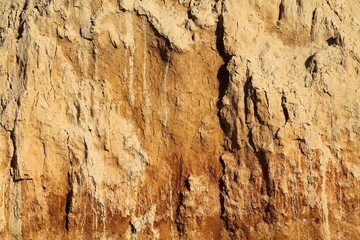 Detail of natural orange brown loamy (clay) soil of ravine wall with rough texture background