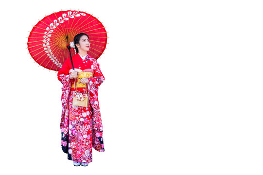 Asian woman wearing japanese traditional kimono on white background.