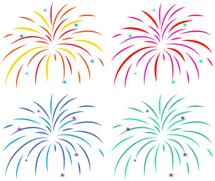 Different colors of fireworks on white background