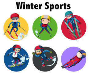 Sticker design for winter sports with people skiing and snowboarding
