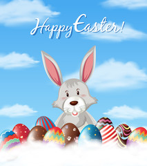 Easter poster design with bunny and eggs in sky