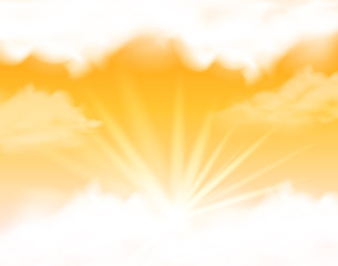 Fluffy clouds on yellow sky