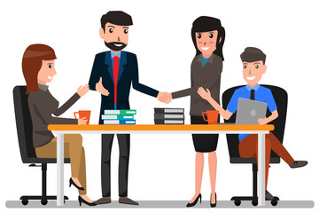 Obraz premium Two business man and woman shaking hands with colleague, business working and meeting. cartoon character Vector illustration.