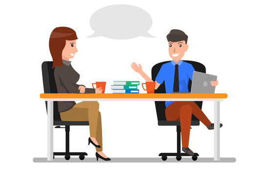 Business Man And Woman Talking Discussing, Businesspeople Chat Sitting in office Communication. business cartoon character concept Vector Illustration.