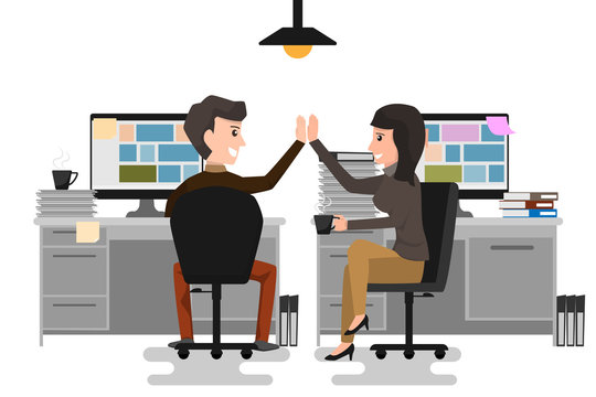 Give Me High-five! Two Business Man And Woman Giving High-five And Holding Coffee Cups With Smile While Sitting On The Chair At Office. Coworking Concept. Cartoon Character Vector Illustration.