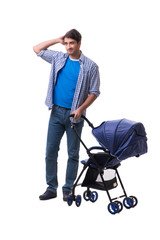 Young dad with child pram isolated on white