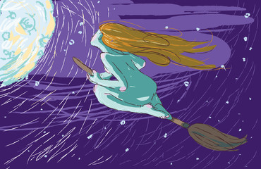 The witch flies on a broomstick