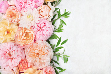 Summer blossoming delicate rose on blooming flowers festive background, pastel and soft bouquet floral card