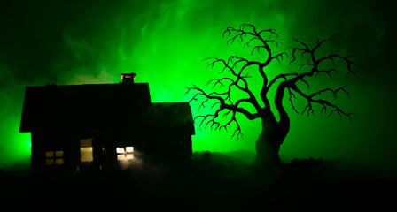 Old house with a Ghost at night with spooky tree or Abandoned Haunted Horror House in toned foggy sky with light. Old mystic building in dead tree forest. Halloween concept.