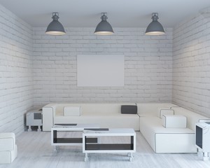 3d rendering of loft brick interior with large white sofa
