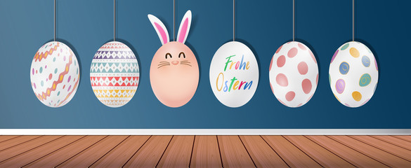 Bunte Ostereier. Frohe Ostern. Modern Easter background with colorful eggs and gold hanging. Template Easter greeting card, vector.
