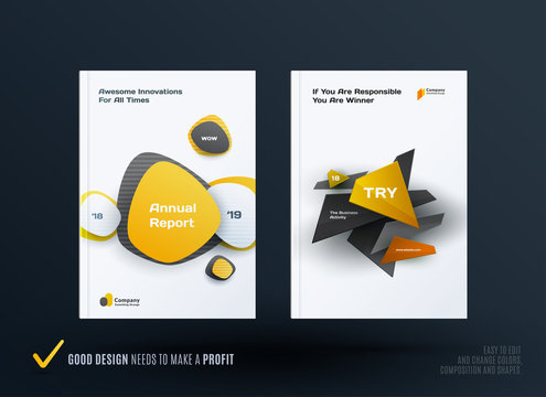 Business set of design brochure, abstract annual report, horizontal cover layout, flyer in A4 with vector colourful rounded shapes