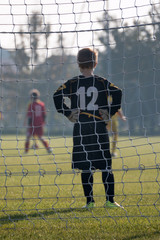 Little Soccer Player: Goalkeeper with Gloves in front of Goal