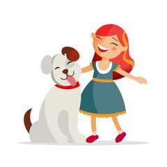 Cute girl with a dog are smiling and hugging, stand together isolated on white background. Happy childhood concept in flat design.