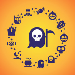 Halloween Flat Icons Arrange in the Circle Frame. Vector Illustration. Halloween Symbols.