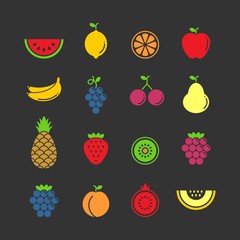 Fruits and berries flat vector icons set