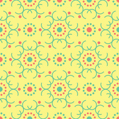 Geometric yellow seamless pattern. Colored background with pink and green design