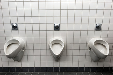 Row of white ceramic pissoirs