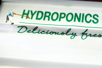 Miniature farmer figure put on print label and illuminated light box scene.