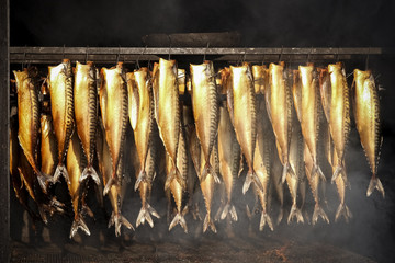 Smoked fish hanging in a smokehouse
